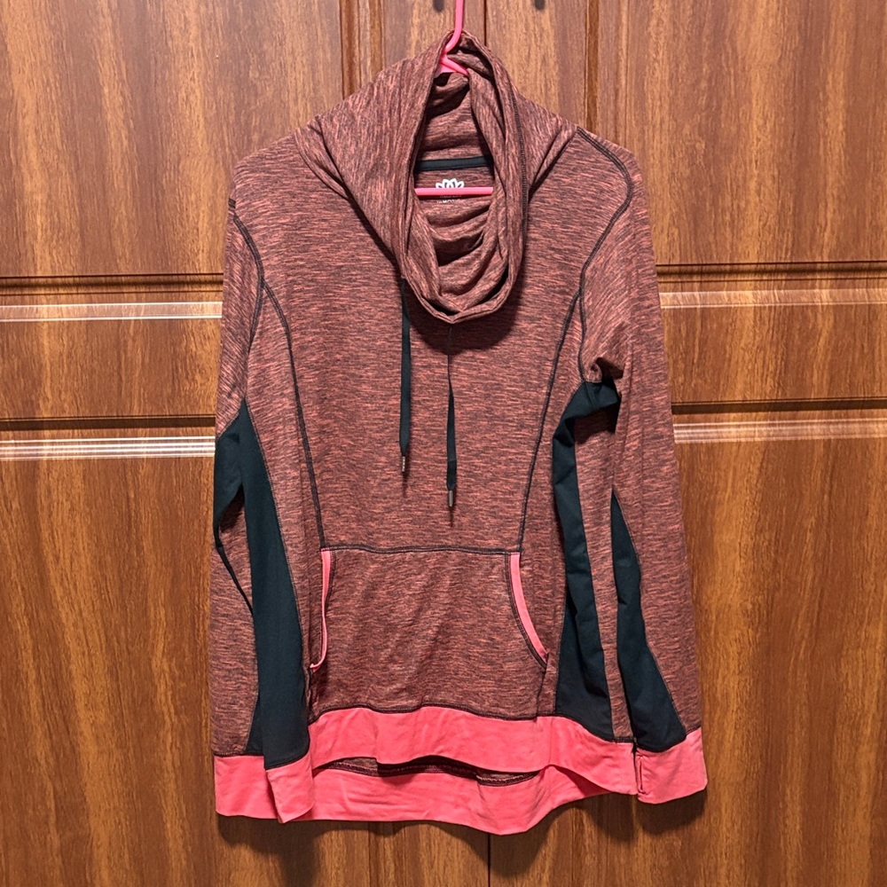 Maurices Rust Marled Cowl Neck Sweater with Black Panels and Coral Trim